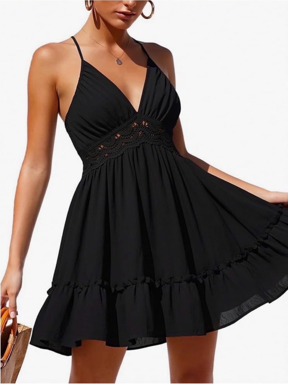 Black Spaghetti-Strap Mini Dress with Crochet Waistband